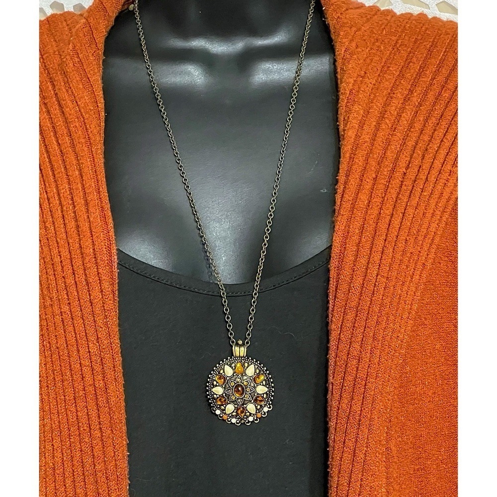 Joan Rivers Statement Pendant Necklace Amber Gold Tone Cabochon